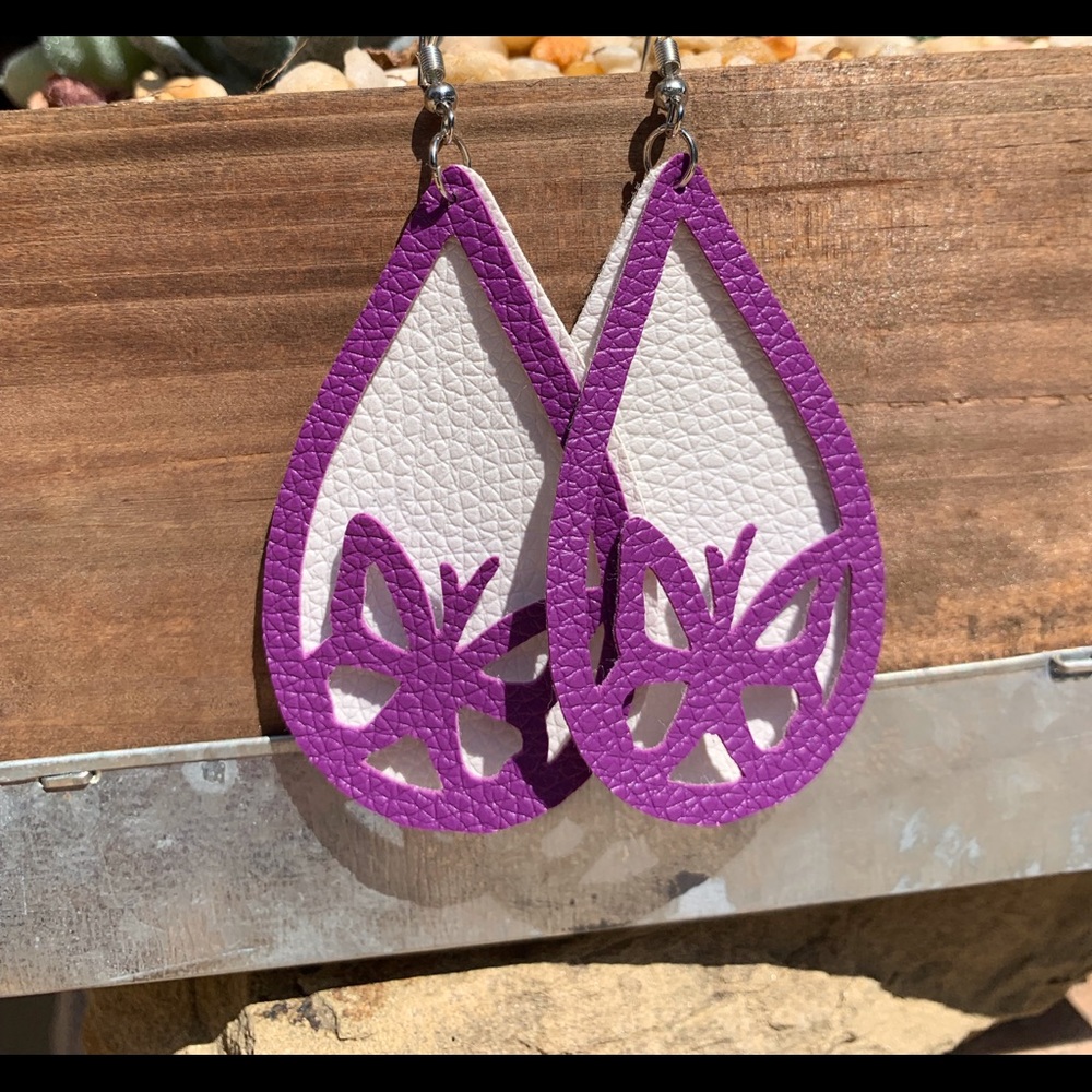Purple and White Butterfly Faux Leather Teardrop Earrings